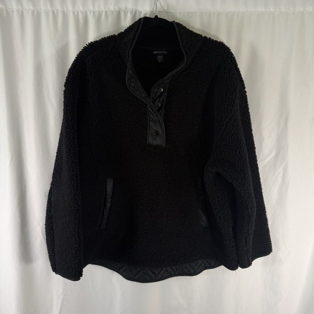 Athleta Sherpa Jacket Women's XL Black 1/4 Snap Pockets Pullover Long Sleeve